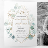 Carte Trois Volets Elégant Rustic Green & Gold Eucalyptus Mariage (Intérieur en premier)
