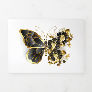 Carte Trois Volets Gold flower Butterfly with Black Orchid