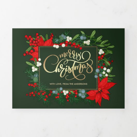 Carte Trois Volets Joyeux Noël vert Floral Multi Photo (Page de couverture)