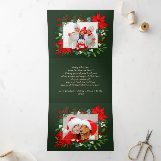 Carte Trois Volets Joyeux Noël vert Floral Multi Photo (Intérieur)