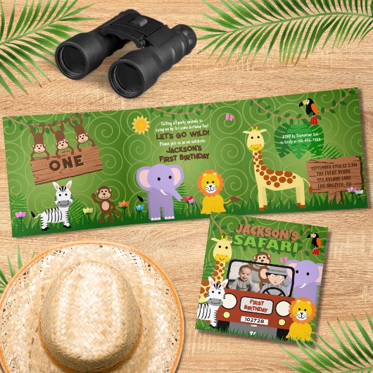 Carte Trois Volets Jungle Safari mignons Animaux Sauvage Un Anniversa