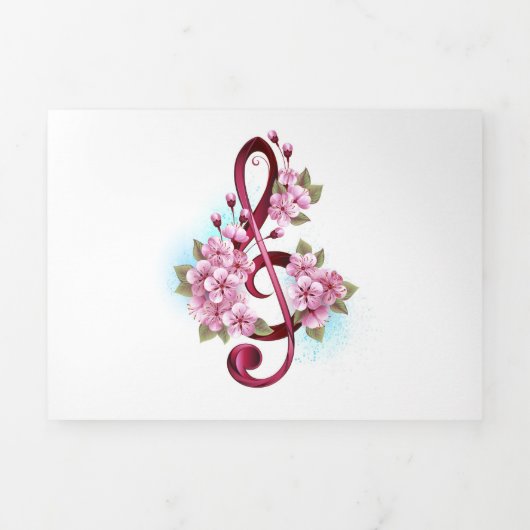 Carte Trois Volets Musical treble clef notes with sakura flowers (Page de couverture)