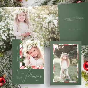 Carte Trois Volets Photo de bordure à carreaux de Noël vert/rouge chi