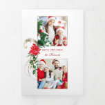 Carte Trois Volets Poinsettias élégant et manuscrits or 2 photos<br><div class="desc">Magnifique et unique modèle de vacances 2 photos avec des poinsettias colorées à l'aquarelle et des feuilles d'eucalyptus avec d'élégants rouleaux d'or faux métallique avec des champs de texte modifiables. Les panneaux comportent des modèles photo supplémentaires,  des graphiques floraux,  des rouleaux dorés et des champs de texte.</div>