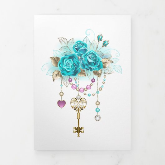 Carte Trois Volets Roses turquoise avec touches (Page de couverture)
