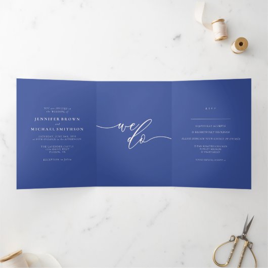 Carte Trois Volets Script Bleu Cobalt Formel Nous faisons Mariage Mod (Intérieur)