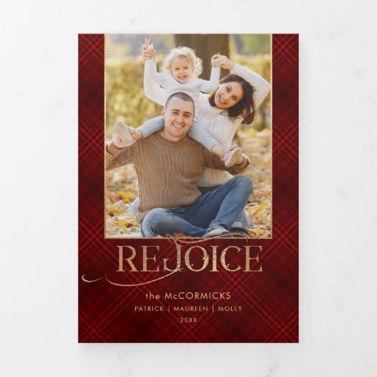 Carte Trois Volets Script Gold Rejoice | Rouge | Photo (Page de couverture)