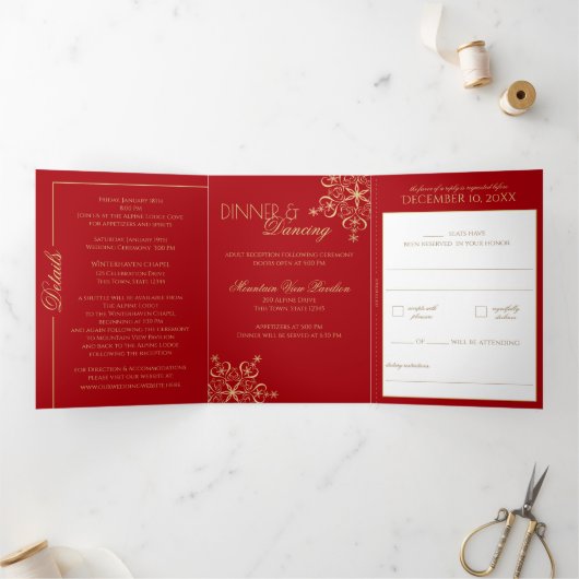 Carte Trois Volets Snowflakes Red et Gold Sparkle Tri-Fo (Intérieur)