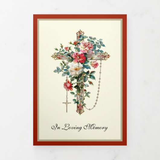 Carte Trois Volets Tri-pli catholique Croix-Rosaire funéraire (Page de couverture)