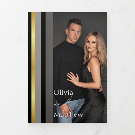 Carte Trois Volets Typographie élégante Noir Blanc Or Mariage (Page de couverture)