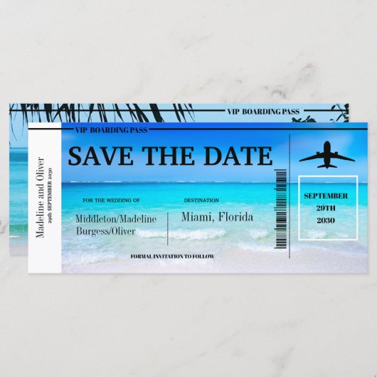 Carte Tropical Beach Boarding Pass Mariage Enregistrer L (Devant / Derrière)