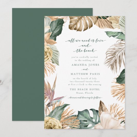 Carte Tropical Floral Love and the Beach Wedding Invitat (Devant / Derrière)