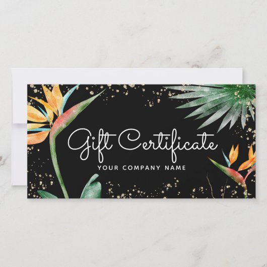 Carte Tropical Floral Script Black Gold Certificat cadea (Devant)