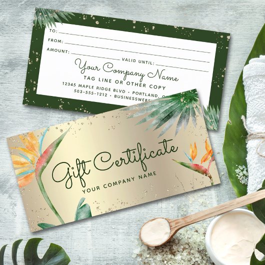 Carte Tropical Floral Script Gold Foil Certificat cadeau