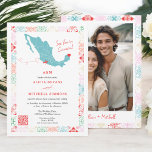 Carte Tropical Mexico QR destination mariage<br><div class="desc">Célébrez votre mariage de destination avec ce magnifique faire-part de mariage à thème mexicain. Le premier présente une carte personnalisable du Mexique, vous permettant de marquer votre destination mariage avec un coeur, ce qui en fait la vôtre. Autour de la carte se trouve une frontière vibrante de carreaux mexicains peints...</div>