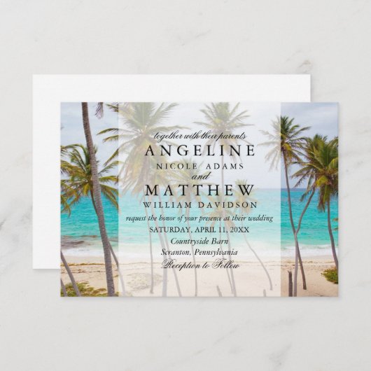 Carte Tropical Palm Tree Beach Destination Wedding (Devant / Derrière)