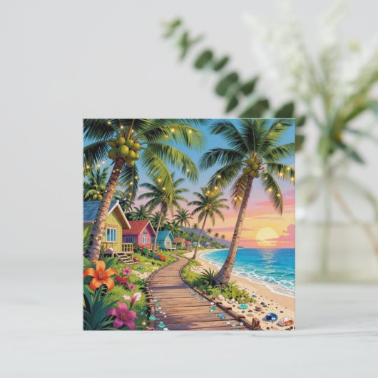 Carte Tropical  Paradise Coastal Seaside Cottage Blank (Debout devant)