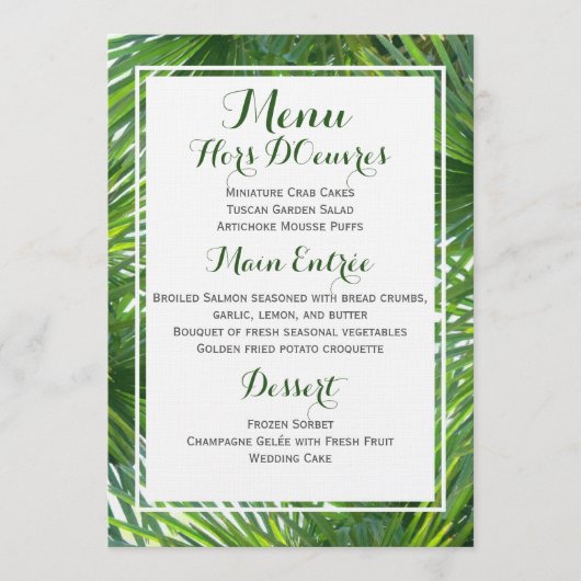 Carte tropicale de menu de mariage de verdure (Devant)