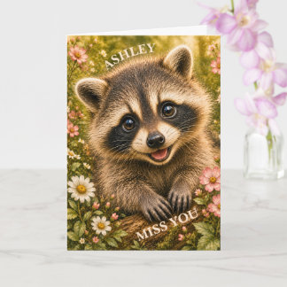 Carte Tu me manques, Raton laveur floral curieux