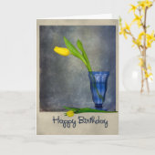 Carte tulipe jaune d'anniversaire en verre bleu (Fleur jaune)