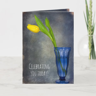 Carte tulipe jaune en verre bleu anniversaire