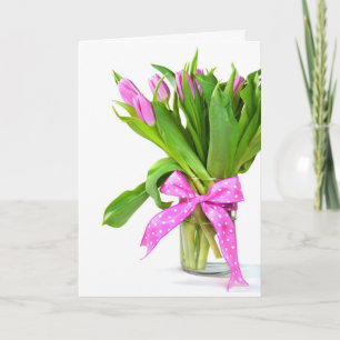 Carte Tulipes d'anniversaire rose sur blanc