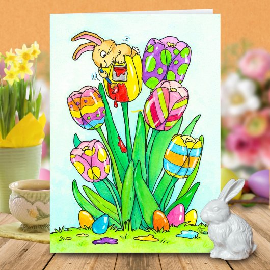 Carte Tulipes de Pâques avec salutation de lapin 