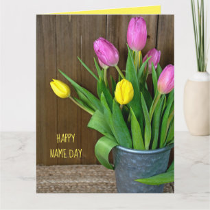 Carte tulipes rose et jaune dans le seau Nom Jour