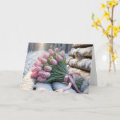 Carte Tulipes roses d'anniversaire sur un banc neigeux (Fleur jaune)