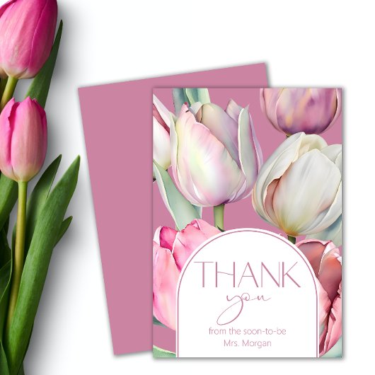 Carte Tulipes roses et blanches Merci de douche nuptiale