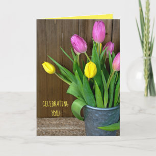 Carte tulipes roses et jaunes dans un seau anniversaire