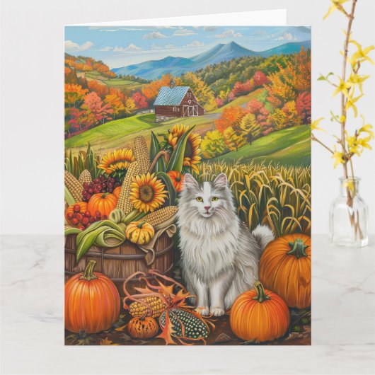 Carte Turc Angora Chat automne récolte Thanksgiving (Fleur jaune)