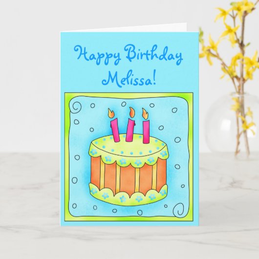 Carte Turquoise 3e anniversaire avec gâteau (Fleur jaune)