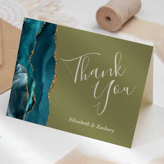 Carte Turquoise Agate Or Olive Vert Mariage Merci