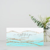 Carte Turquoise bleu aquarelle or logo cadeau (Debout devant)