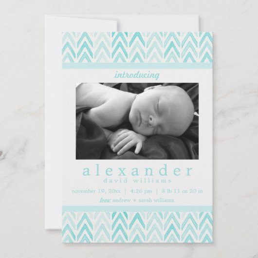 Carte Turquoise /Blue Watercolor Chevron Motif naissance (Devant)