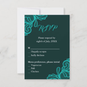 Carte Turquoise Broderie Ancienne - Réponse RSVP à l'inv