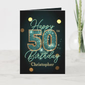 Carte Turquoise et Métal Doré Élégants 50e Anniversaire (Devant)