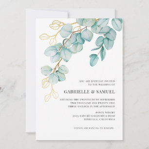 Carte Turquoise et or Eucalyptus Greenery Mariage Invita