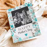 Carte Turquoise Floral aquarelle poème photo Fête des mè<br><div class="desc">Photo d'aquarelle fleurie rétro douce Carte de fête des mères avec feuilles de fleurs botaniques peintes à la main bleu turquoise. Ajoutez votre photo et votre poème</div>