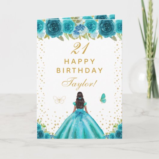 Carte Turquoise Floral Fille de la peau foncée Joyeux an (Devant)