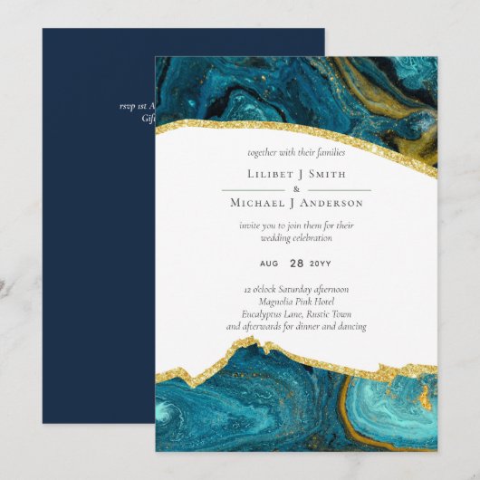 Carte Turquoise Peacock Blue Gold Agate Mariage (Devant / Derrière)