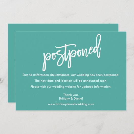 Carte Turquoise reportée par Mariage de script de  (Devant / Derrière)