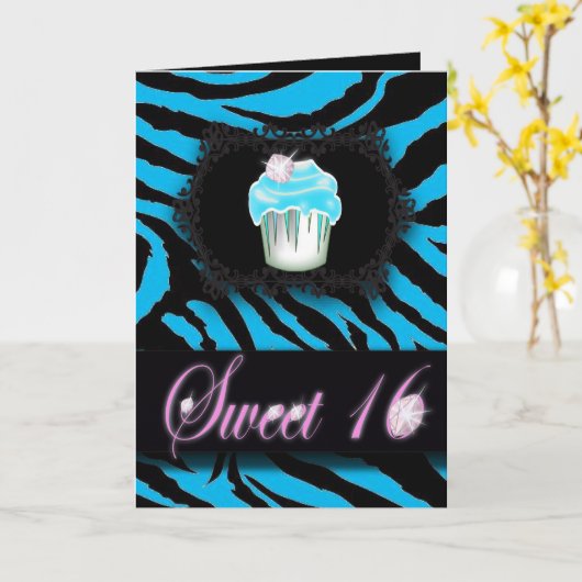 Carte Turquoise Zebra print Sweet 16 (Fleur jaune)