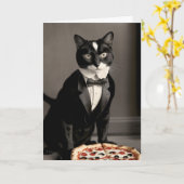 Carte tuxedo cat et pizza (Fleur jaune)