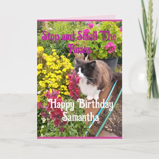 Carte Tuxedo Cat Sniffing Flowers Funny Birthday Roses (Devant)