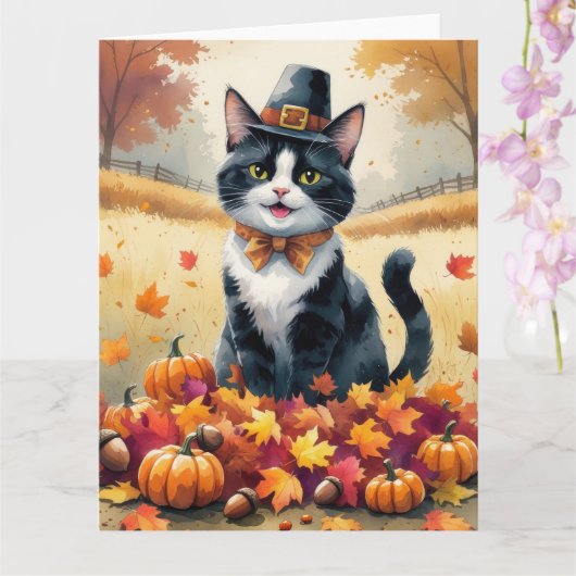 Carte Tuxedo Chat À L'Automne Quitte Thanksgiving Art (Orchidée)