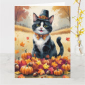 Carte Tuxedo Chat À L'Automne Quitte Thanksgiving Art (Fleur jaune)