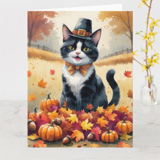 Carte Tuxedo Chat À L'Automne Quitte Thanksgiving Art (Fleur jaune)