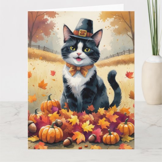 Carte Tuxedo Chat À L'Automne Quitte Thanksgiving Art (Devant)